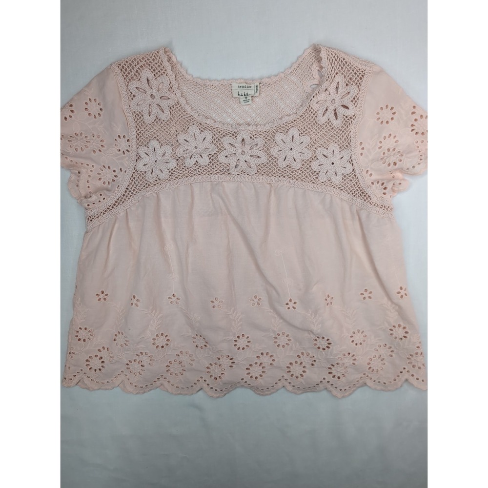 Nicole Miller Artelier Women's S blush pink boho top Eyelet crochet Fairy Fest